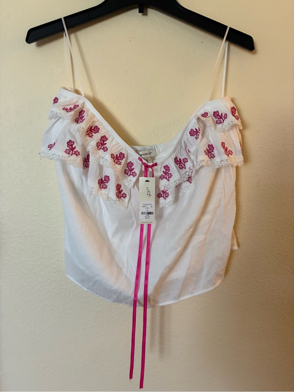 Cesca White Camisole with Pink Floral Embroidery